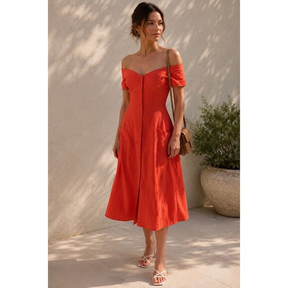 red off the shoulder button down dress Cute Rust Red Dress - Button Front Dress - Button Front Dress